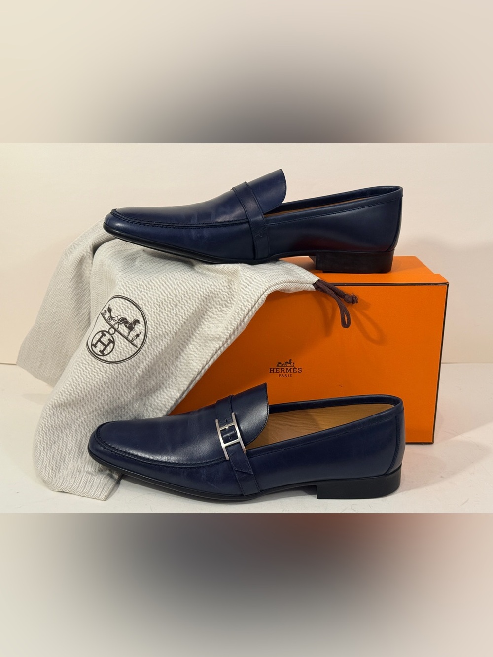 Hermès Men’s US 12 EU 45 Navy Blue Leather H Buckle Loafers NEW Box Dust Bag - Picture 10 of 10